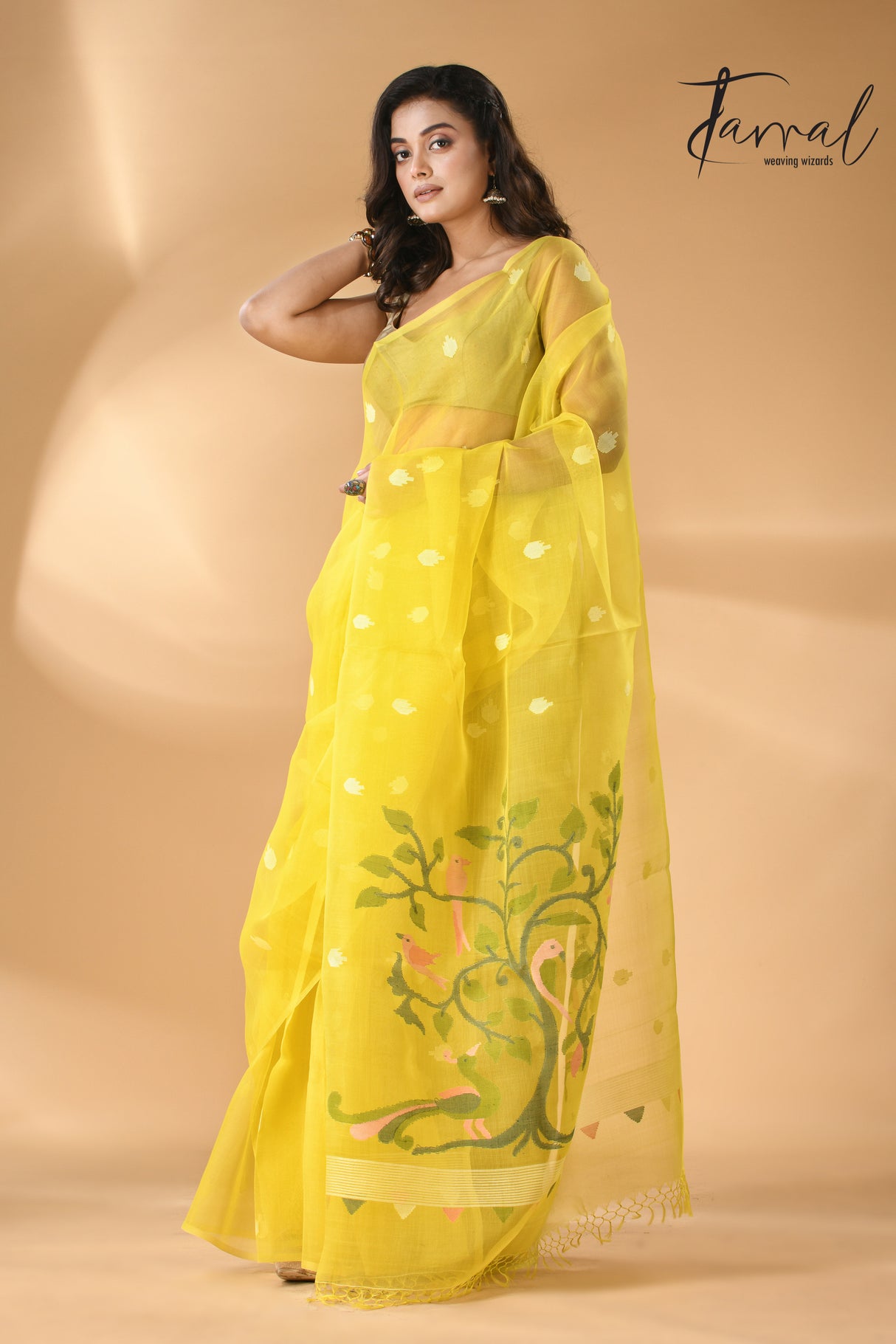 Bright yellow with peacock pallu muslin silk handwoven needle work jamdani saree