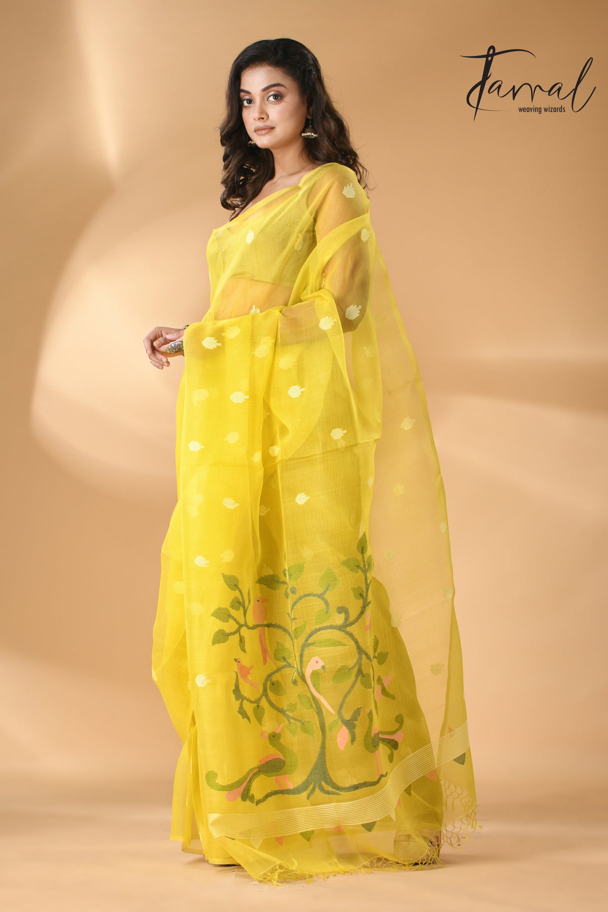 Bright yellow with peacock pallu muslin silk handwoven needle work jamdani saree