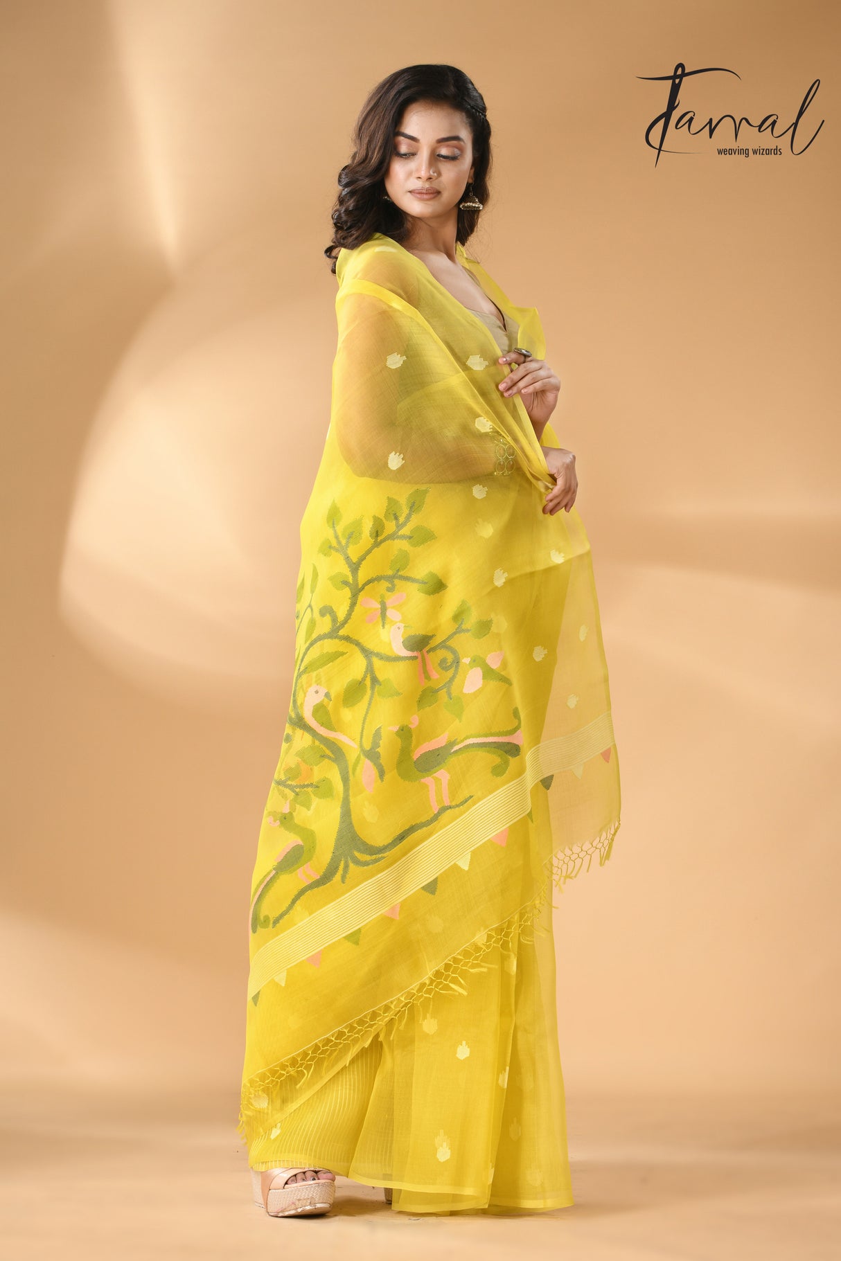 Bright yellow with peacock pallu muslin silk handwoven needle work jamdani saree