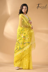 Bright yellow with peacock pallu muslin silk handwoven needle work jamdani saree