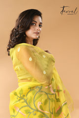 Bright yellow with peacock pallu muslin silk handwoven needle work jamdani saree