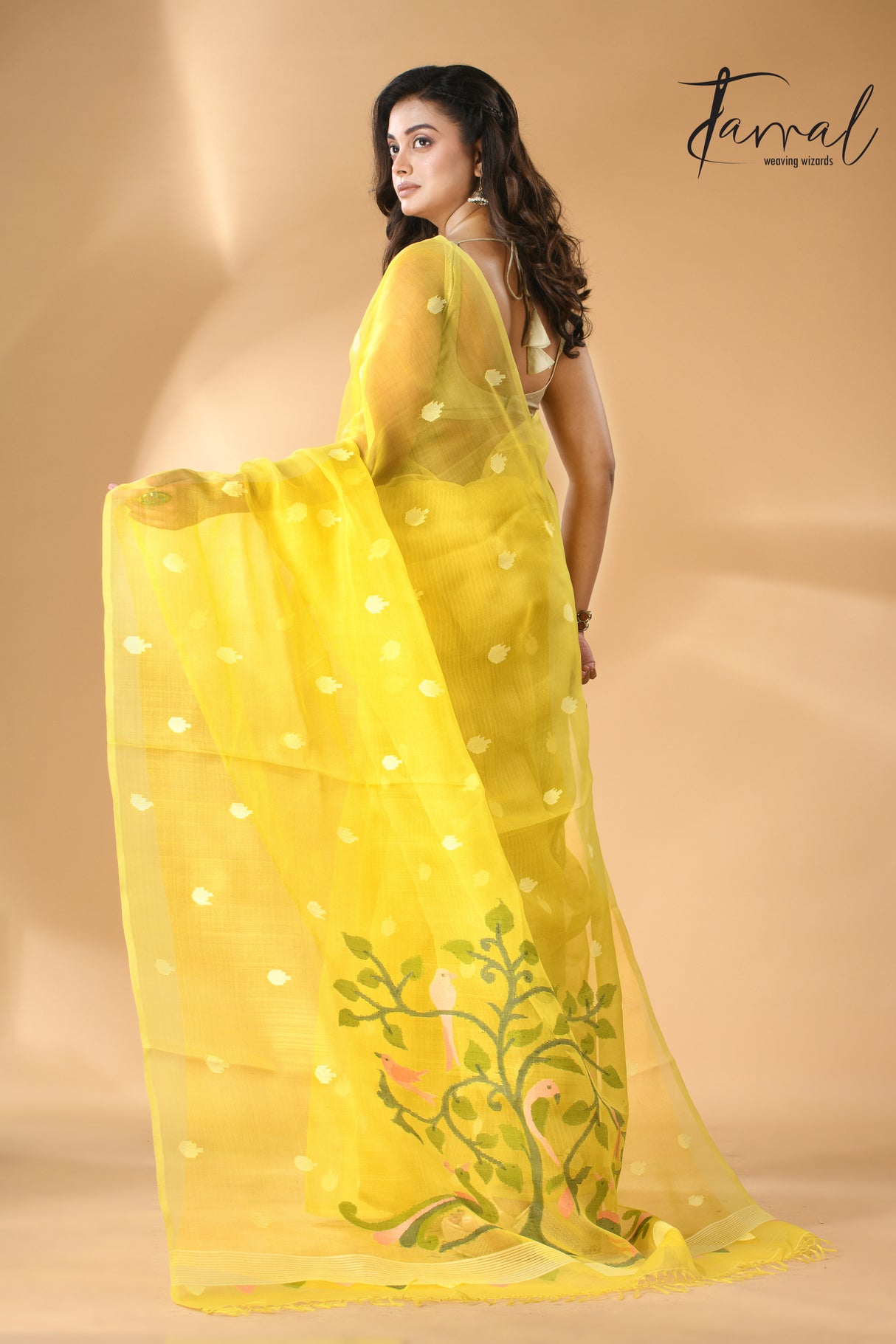 Bright yellow with peacock pallu muslin silk handwoven needle work jamdani saree