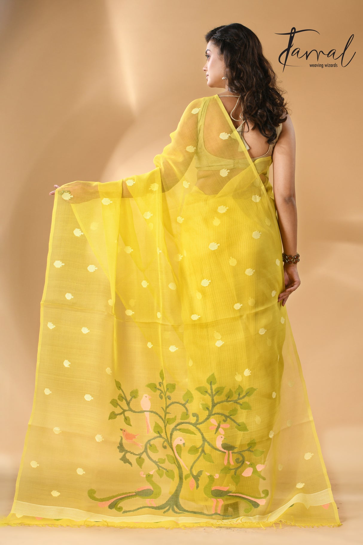 Bright yellow with peacock pallu muslin silk handwoven needle work jamdani saree