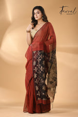 Maroon with black star pallu silk linen handwoven jamdani saree