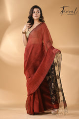 Maroon with black star pallu silk linen handwoven jamdani saree