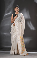 Light beige with gold yellow & light yellow pallu silk cotton handloom traditional jamdani saree - Tamal Boutique