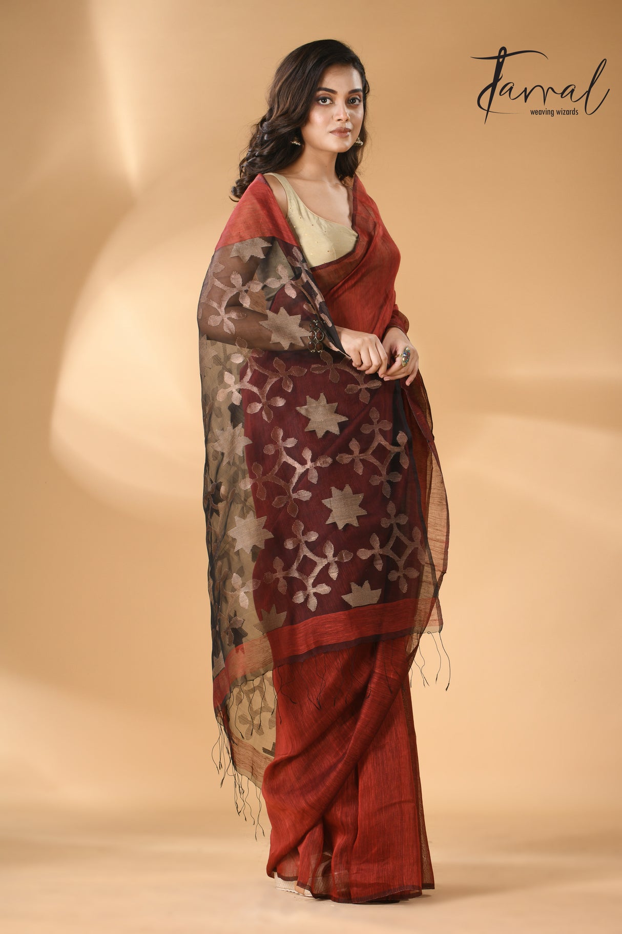 Maroon with black star pallu silk linen handwoven jamdani saree