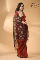 Maroon with black star pallu silk linen handwoven jamdani saree - Tamal Boutique