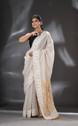 Light beige with gold yellow & light yellow pallu silk cotton handloom traditional jamdani saree