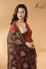 Maroon with black star pallu silk linen handwoven jamdani saree - Tamal Boutique