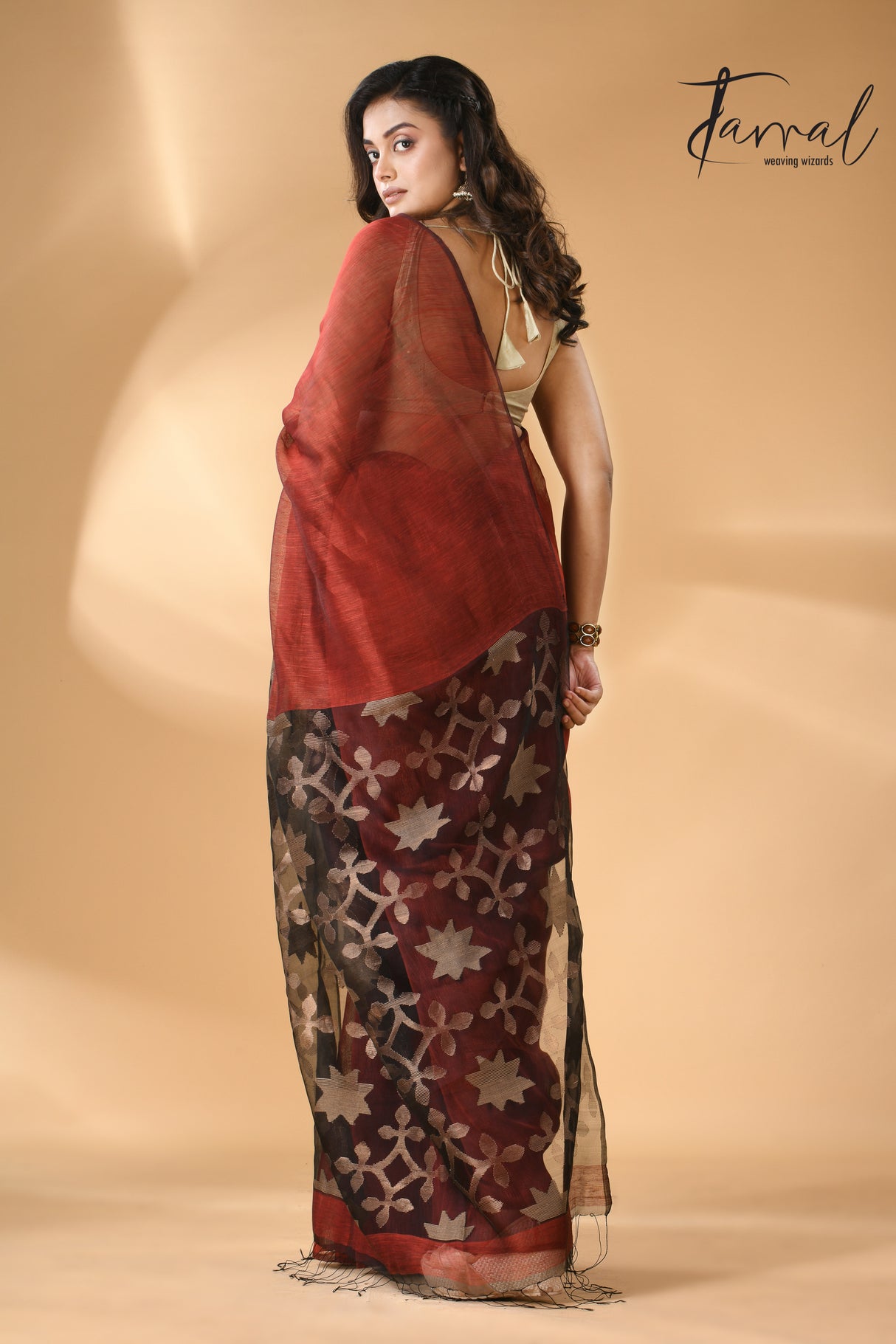 Maroon with black star pallu silk linen handwoven jamdani saree