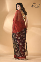 Maroon with black star pallu silk linen handwoven jamdani saree - Tamal Boutique