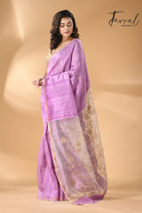 Pink with white floral pallu matka silk handwoven jamdani saree