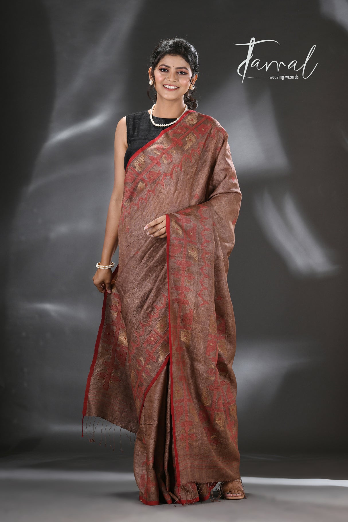 Chocolate Brown with Red Tussar SilkTraditional Handwoven Jamdani Saree