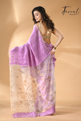 Pink with white floral pallu matka silk handwoven jamdani saree