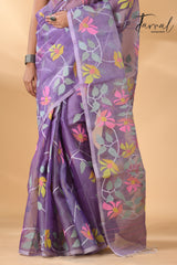 Lavender with multicolour muslin silk allover floral handwoven needle work  jamdani saree