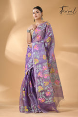 Lavender with multicolour muslin silk allover floral handwoven needle work  jamdani saree