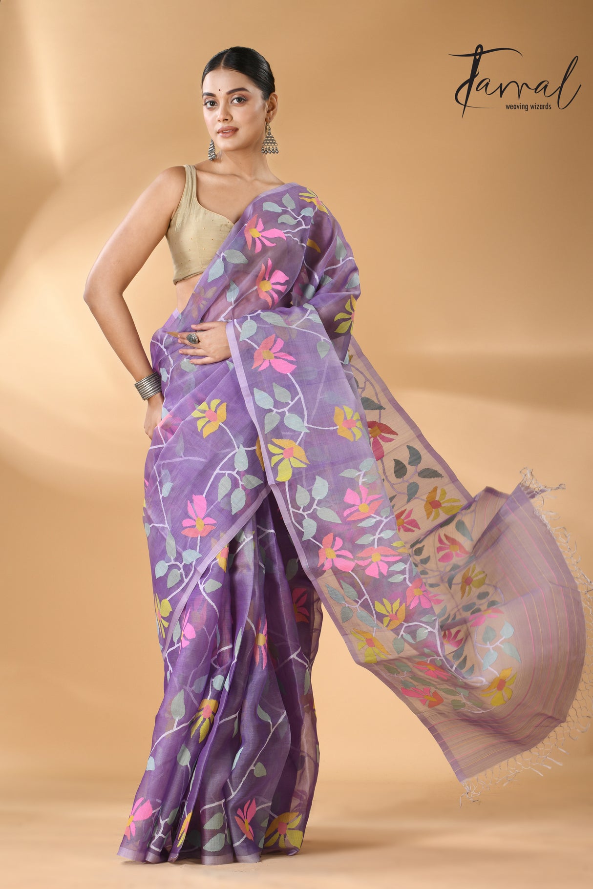 Lavender with multicolour muslin silk allover floral handwoven needle work  jamdani saree