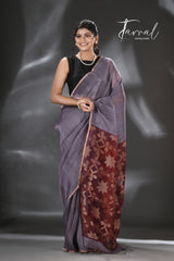 Ash with Maroon star Pallu silk linen handwoven jamdani saree