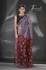 Ash with Maroon star Pallu silk linen handwoven jamdani saree - Tamal Boutique