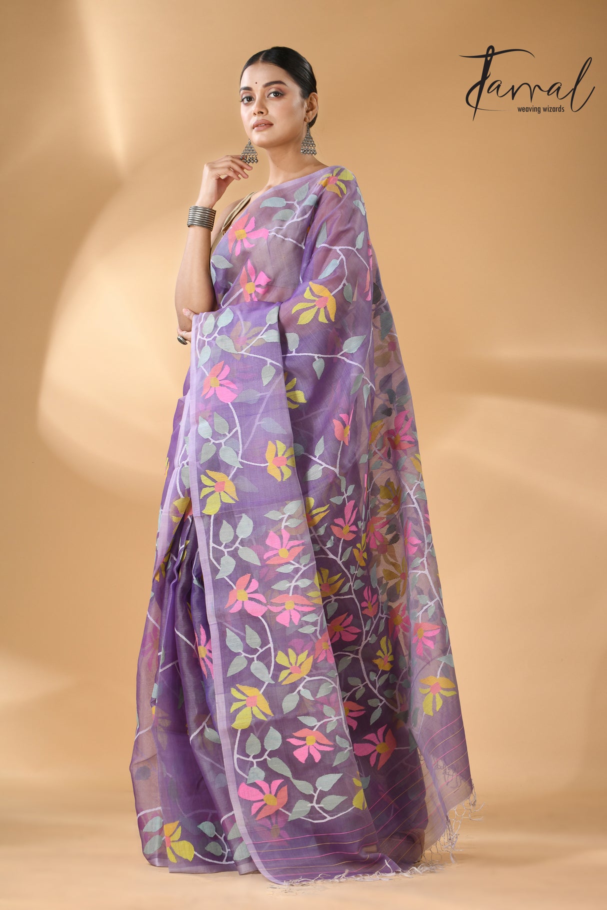 Lavender with multicolour muslin silk allover floral handwoven needle work  jamdani saree