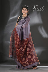 Ash with Maroon star Pallu silk linen handwoven jamdani saree