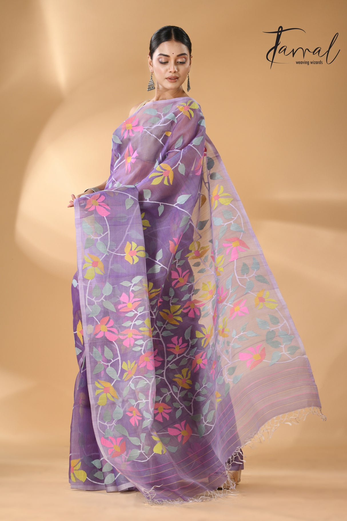 Lavender with multicolour muslin silk allover floral handwoven needle work  jamdani saree