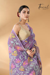 Lavender with multicolour muslin silk allover floral handwoven needle work  jamdani saree