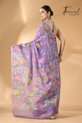 Lavender with multicolour muslin silk allover floral handwoven needle work  jamdani saree