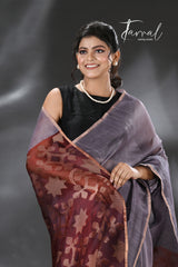 Ash with Maroon star Pallu silk linen handwoven jamdani saree - Tamal Boutique