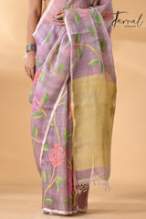 Dust onion pink allover rose motifs handwoven needle work jamdani saree