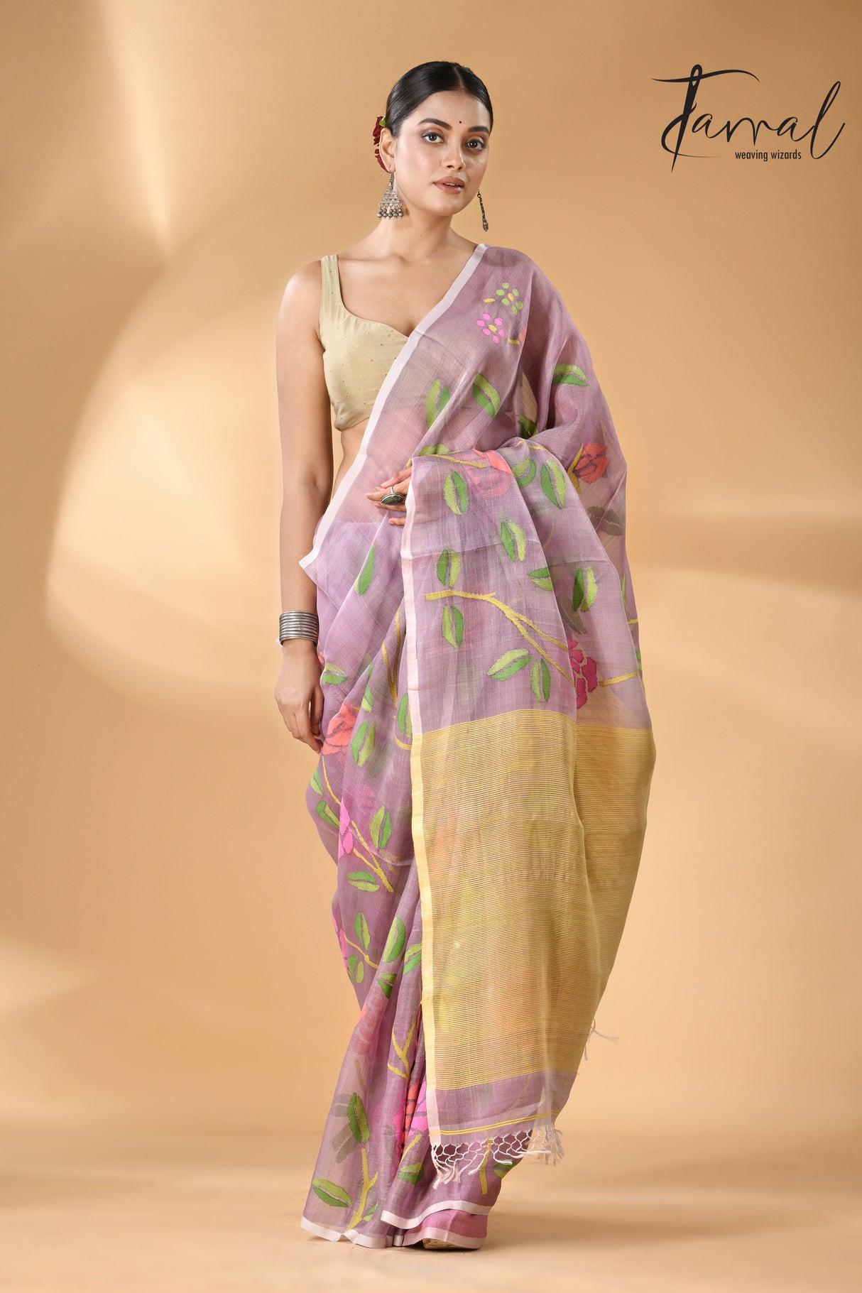 Dust onion pink allover rose motifs handwoven needle work jamdani saree