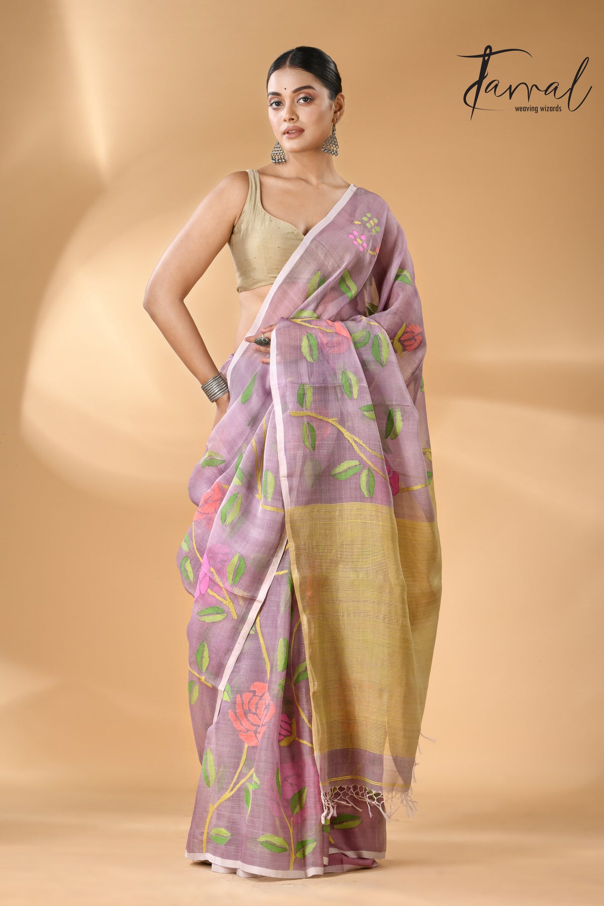 Dust onion pink allover rose motifs handwoven needle work jamdani saree