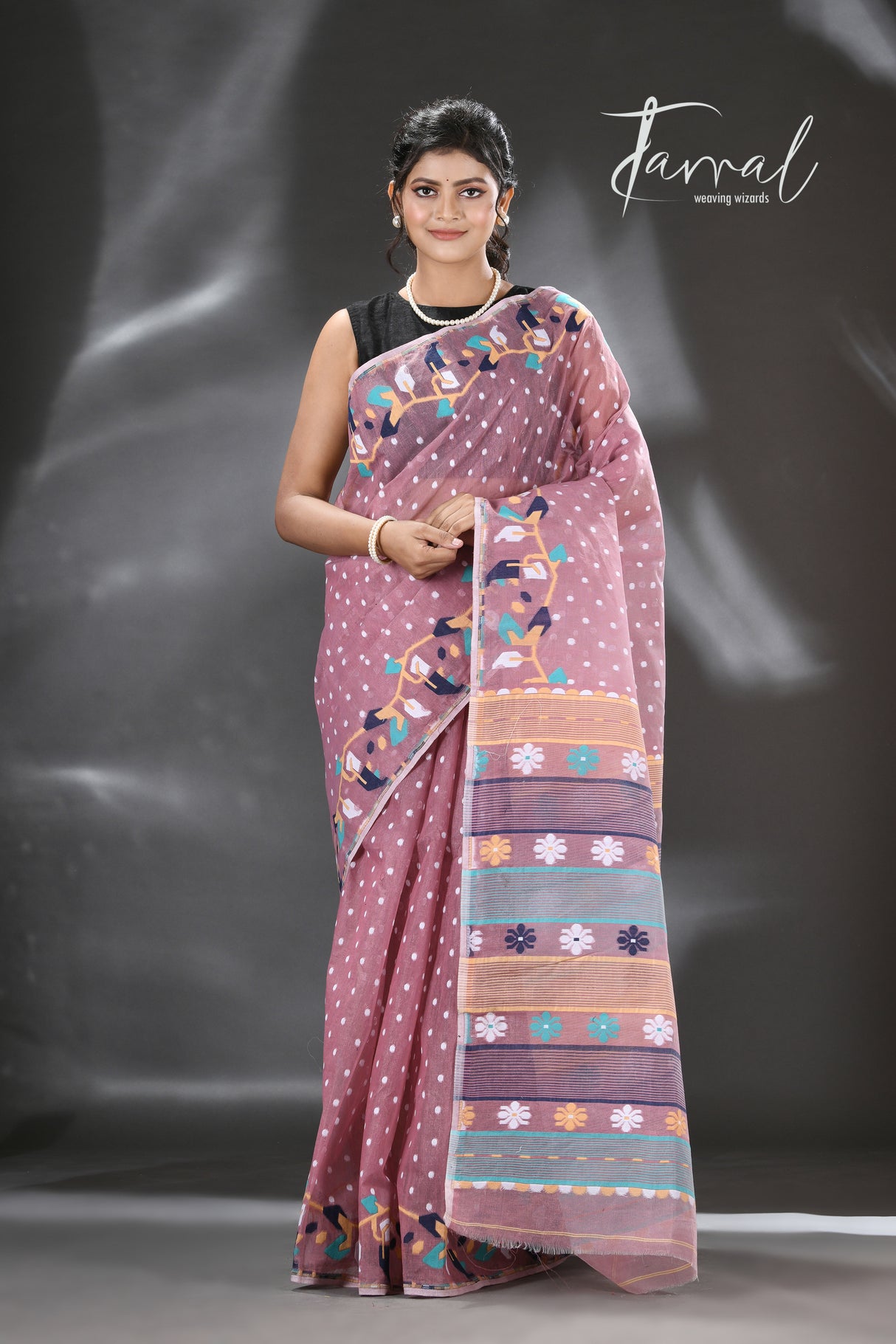 Brown with multicolour floral border handloom dhaki jamdani saree