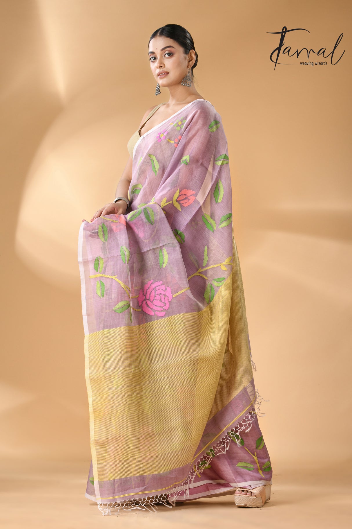 Dust onion pink allover rose motifs handwoven needle work jamdani saree