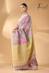 Dust onion pink allover rose motifs handwoven needle work jamdani saree