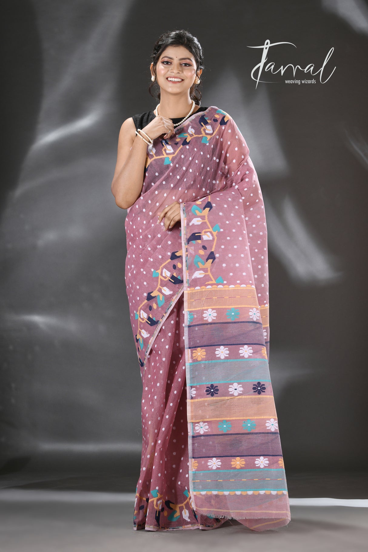 Brown with multicolour floral border handloom dhaki jamdani saree - Tamal Boutique