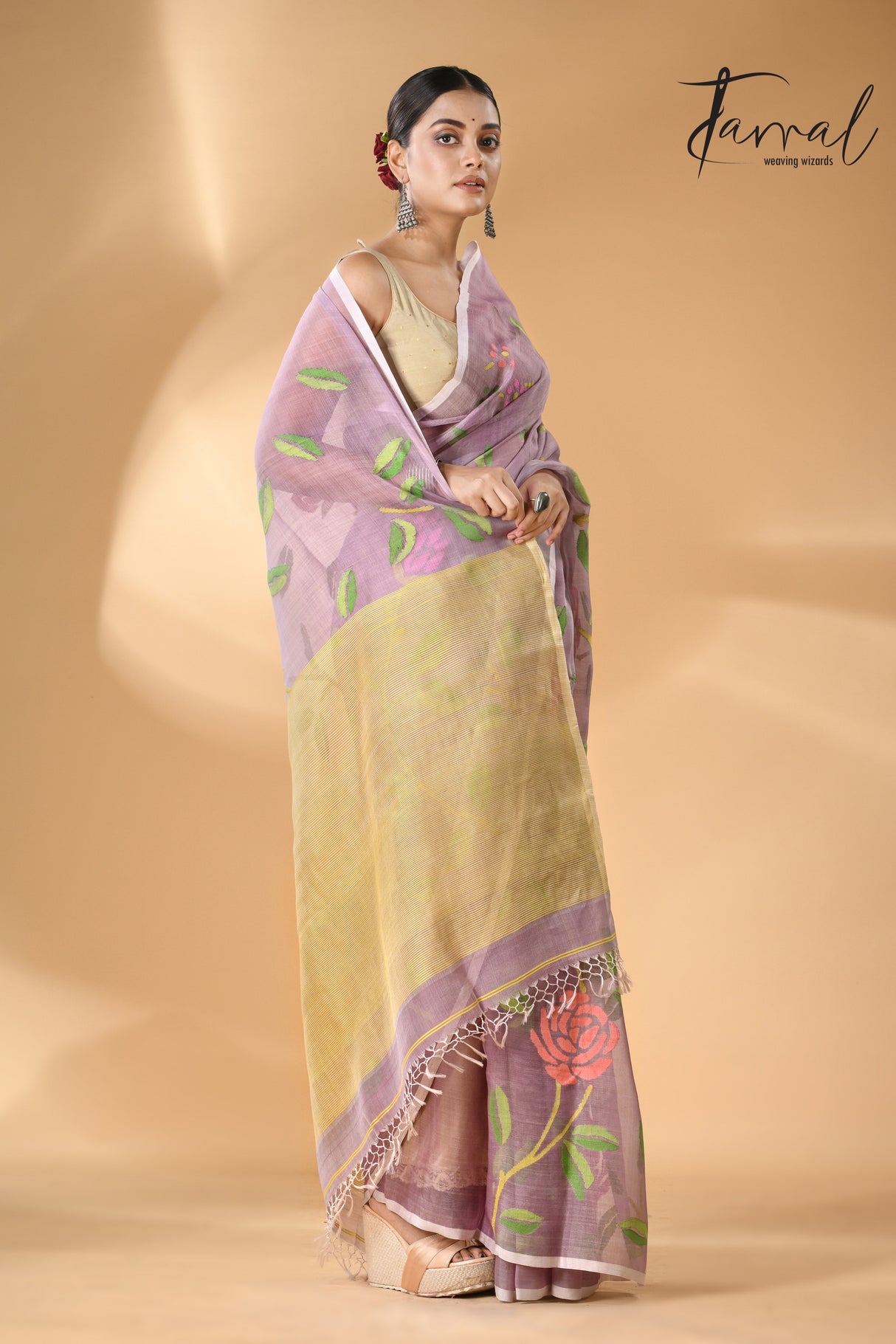 Dust onion pink allover rose motifs handwoven needle work jamdani saree