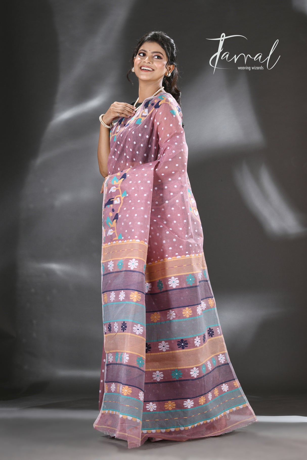 Brown with multicolour floral border handloom dhaki jamdani saree - Tamal Boutique