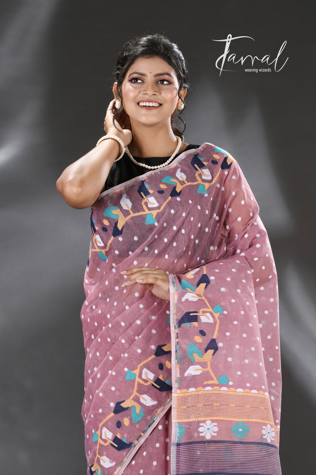 Brown with multicolour floral border handloom dhaki jamdani saree