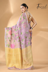 Dust onion pink allover rose motifs handwoven needle work jamdani saree