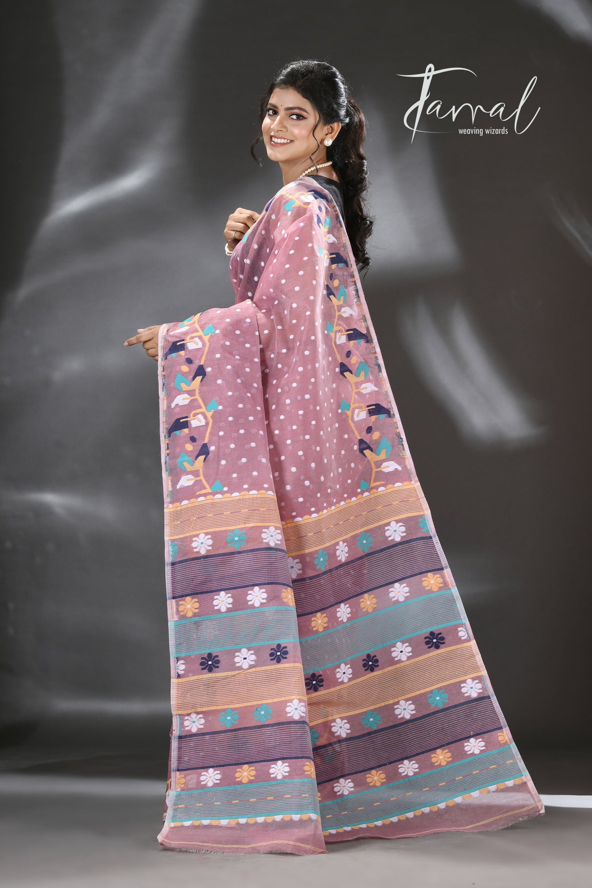 Brown with multicolour floral border handloom dhaki jamdani saree