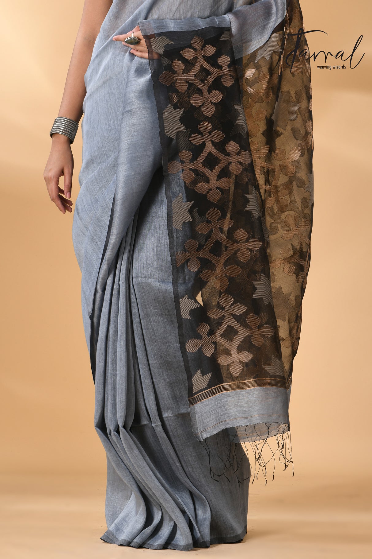 Majestic Grey star linen silk linen handwoven jamdani saree - Tamal Boutique