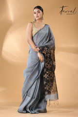 Majestic Grey star linen silk linen handwoven jamdani saree - Tamal Boutique