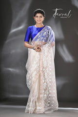 Offwhite self traditional handwoven muslin silk dhakai jamdani saree