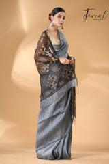 Majestic Grey star linen silk linen handwoven jamdani saree