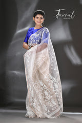 Offwhite self traditional handwoven muslin silk dhakai jamdani saree