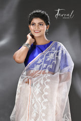 Offwhite self traditional handwoven muslin silk dhakai jamdani saree