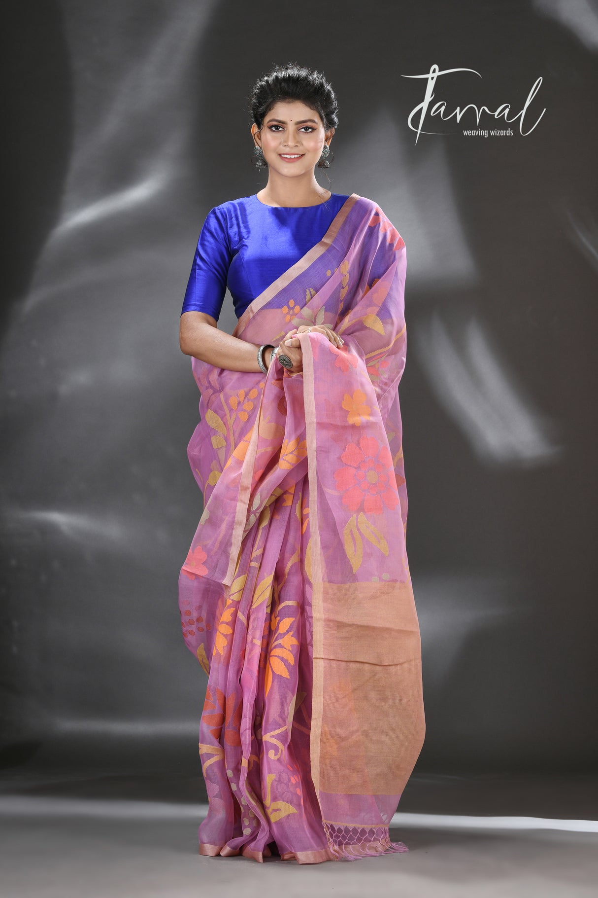 Royal purple with multicolour blossom lotus & other floral allover muslin silk handwoven jamdani saree