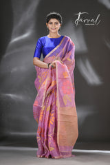 Royal purple with multicolour blossom lotus & other floral allover muslin silk handwoven jamdani saree - Tamal Boutique